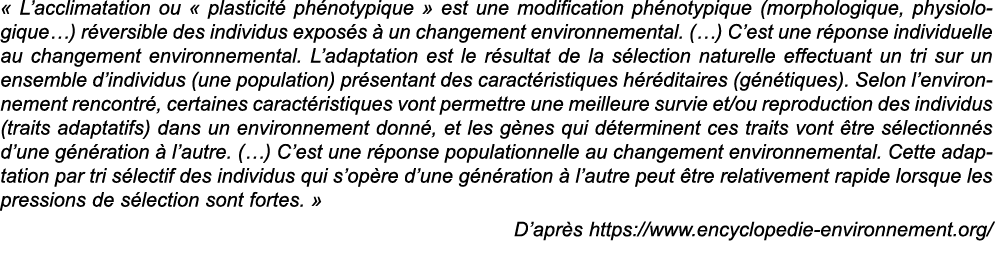   L acclimatation ou   plasticit  ph notypique   est une modification ph notypique (morphologique, physiologique ) r    