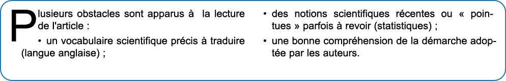 Plusieurs obstacles sont apparus   la lecture de l'article : un vocabulaire scientifique pr cis   traduire (langue an   